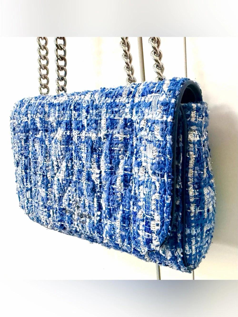 KATE SPADE Natalia Denim Tweed Medium Flap Chain Shoulder Crossbody Blue